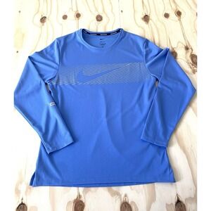 Men Nike Dri-Fit Miler Flash Long Sleeve Jersey Shirt Blue Silver Size Small